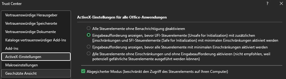Microsoft Excel® Trust Center settings for ActiveX elements